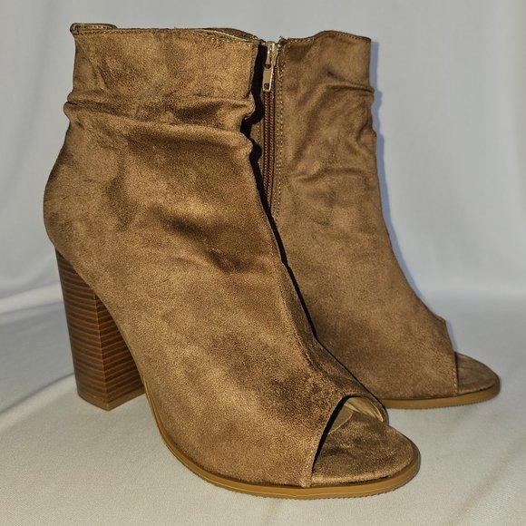 Taupe Suede Peep-Toe Slouch Bootie - Bella Marie - Picture 1 of 15